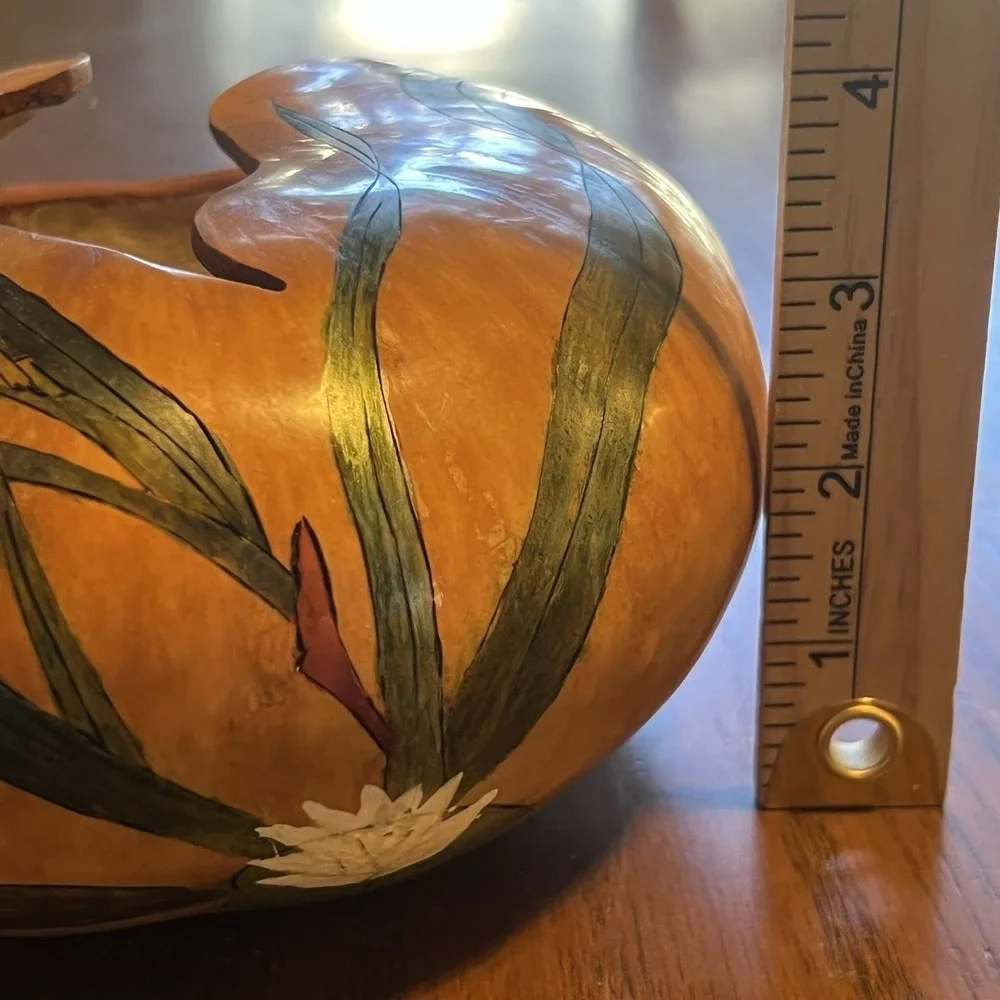 Vintage Hand Painted Carved Gourd‎ Frog Lily Pad Art Natural Decorative Dish